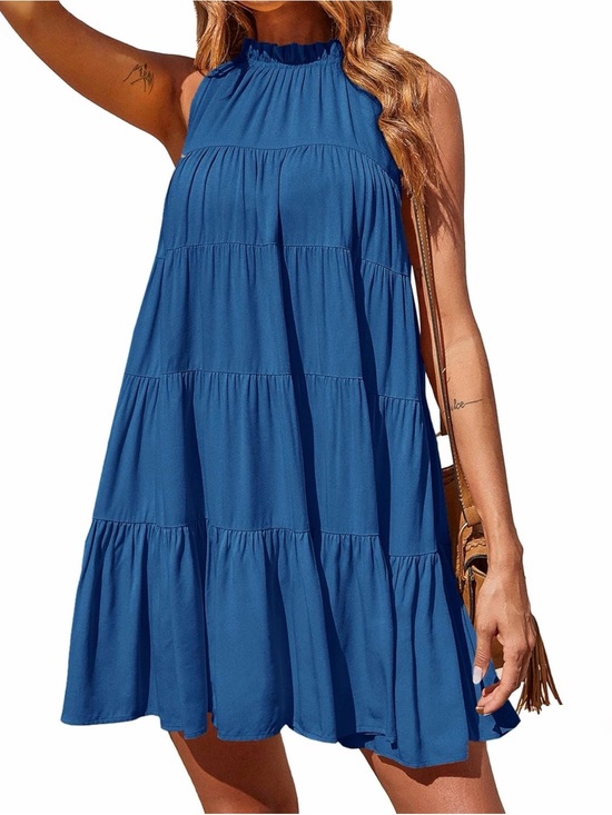 Okiwam Dresses & Skirts - NWT Ruffled High-Neck Tiered Mini Dress in Blue Boho, Medium